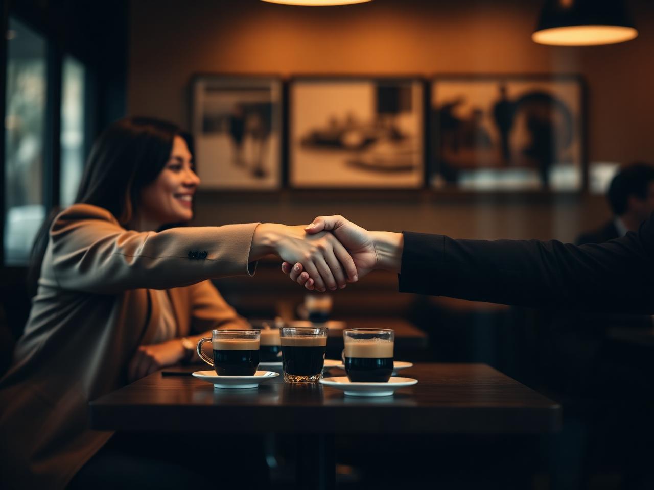 Stretta di mano durante un primo incontro informale al bar