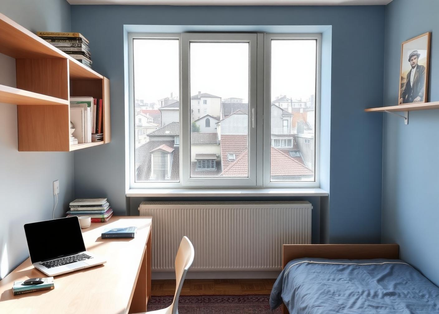 Camera per studenti a Torino con scrivania, libri e vista sui tetti