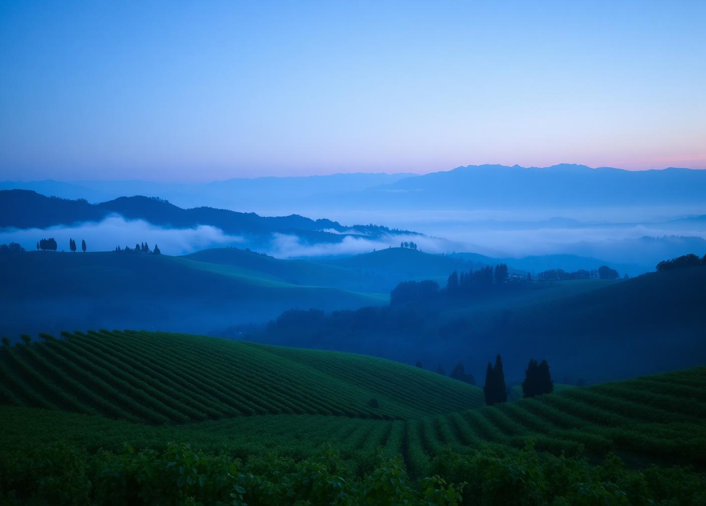 Colline e vigneti del Piemonte all'ora blu con le Alpi sullo sfondo