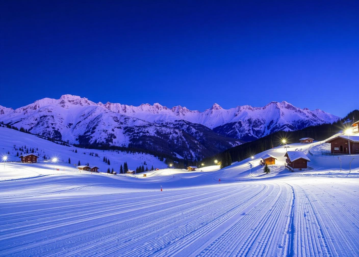 Piste da sci innevate di Sestriere all'alba con le vette alpine