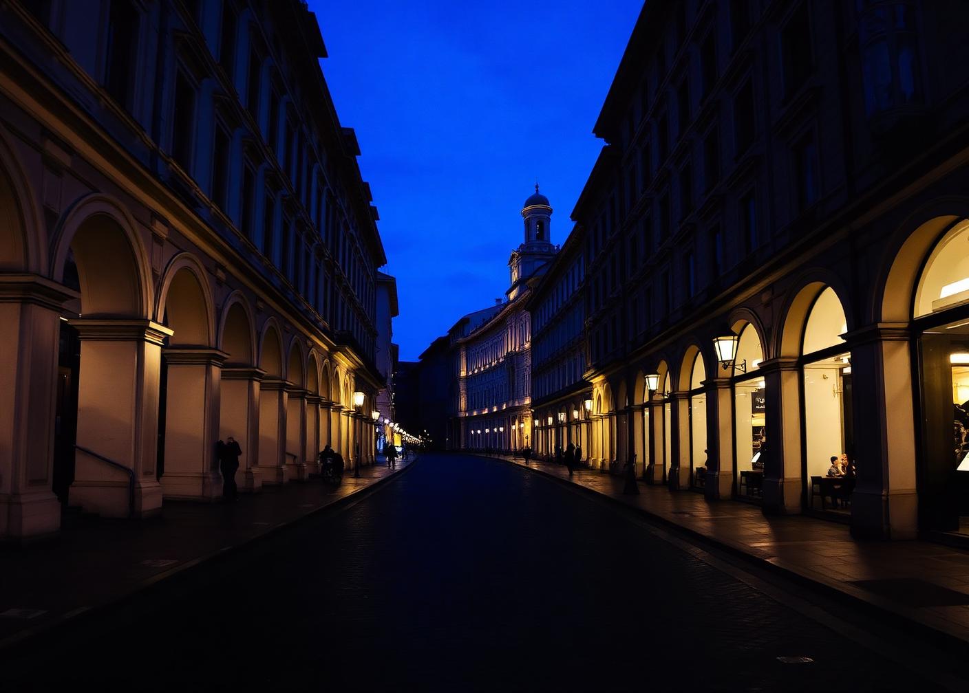 Portici e palazzi storici di Torino all'ora blu